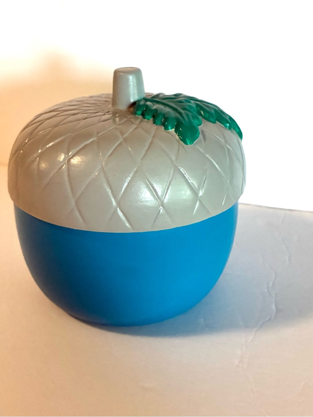 Acorn-Shaped Blue & Gray Decorative Container with Green Leaf Accent - Picture 2 of 5